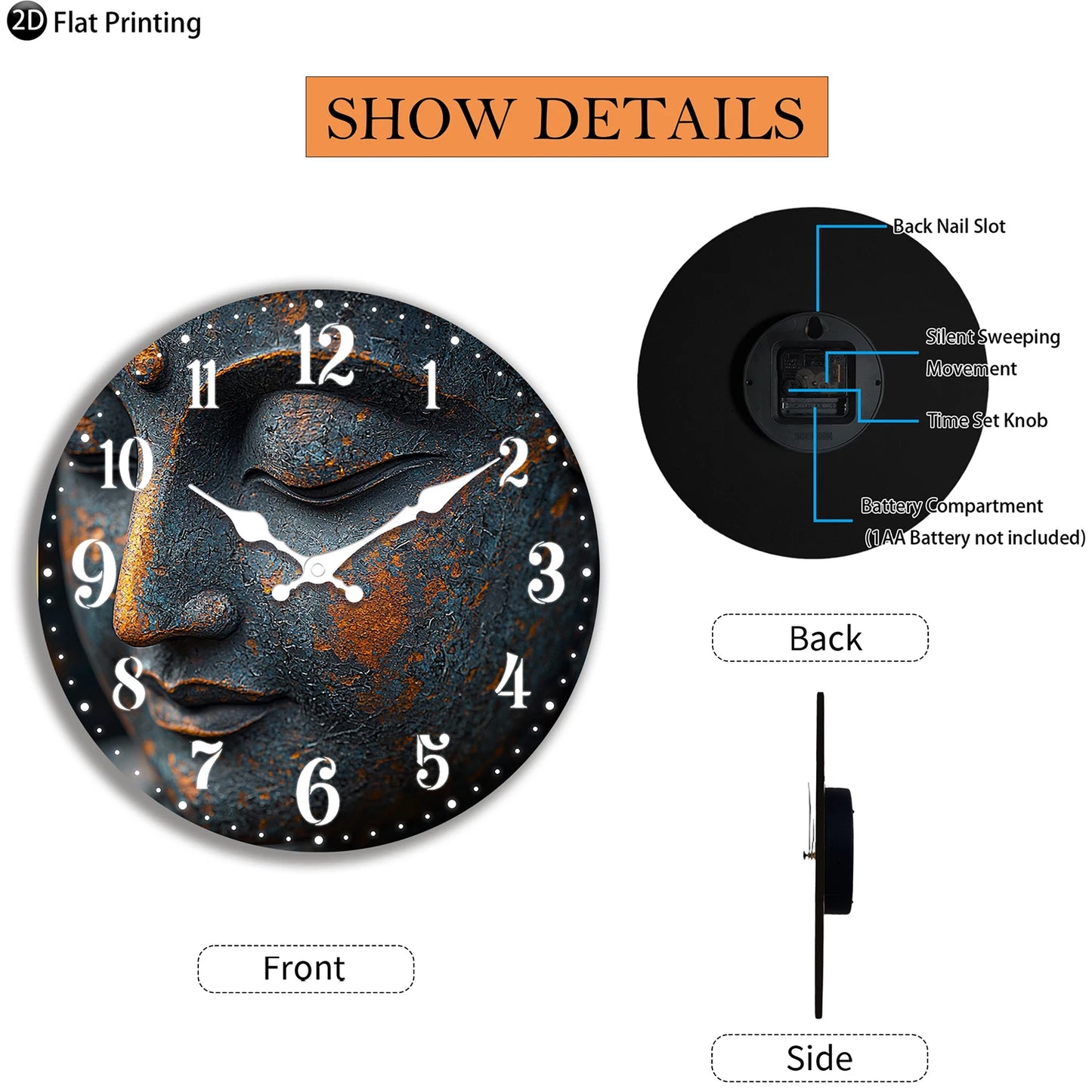 Buddha wall clock for bedroom featuring a serene face design with modern numerals and a sleek black frame