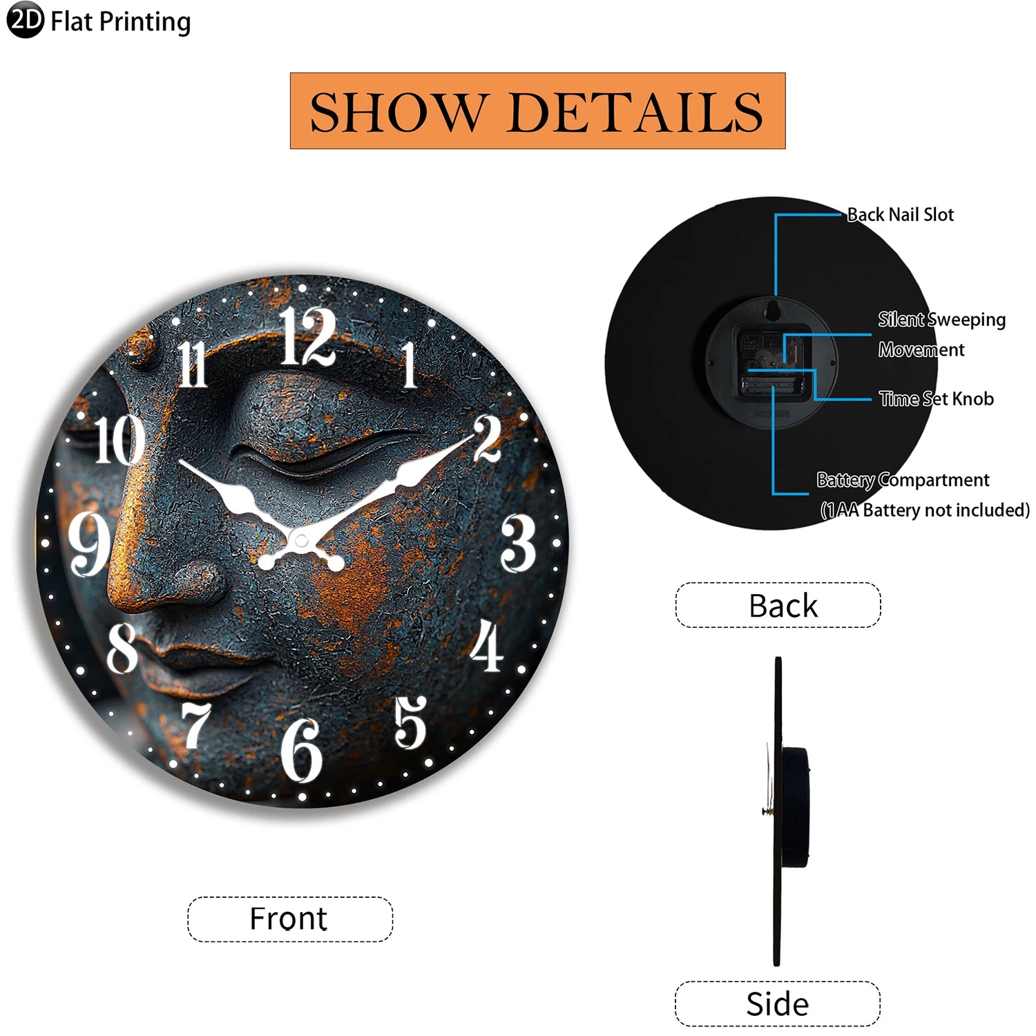 Buddha wall clock for bedroom featuring a serene face design with modern numerals and a sleek black frame