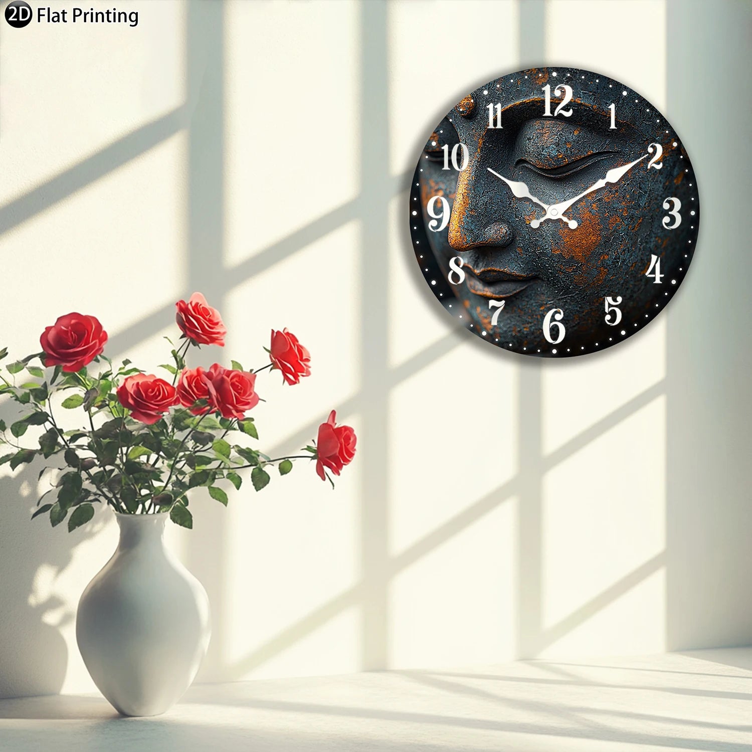 Buddha wall clock for bedroom featuring a serene design with flowers in a vase and natural light