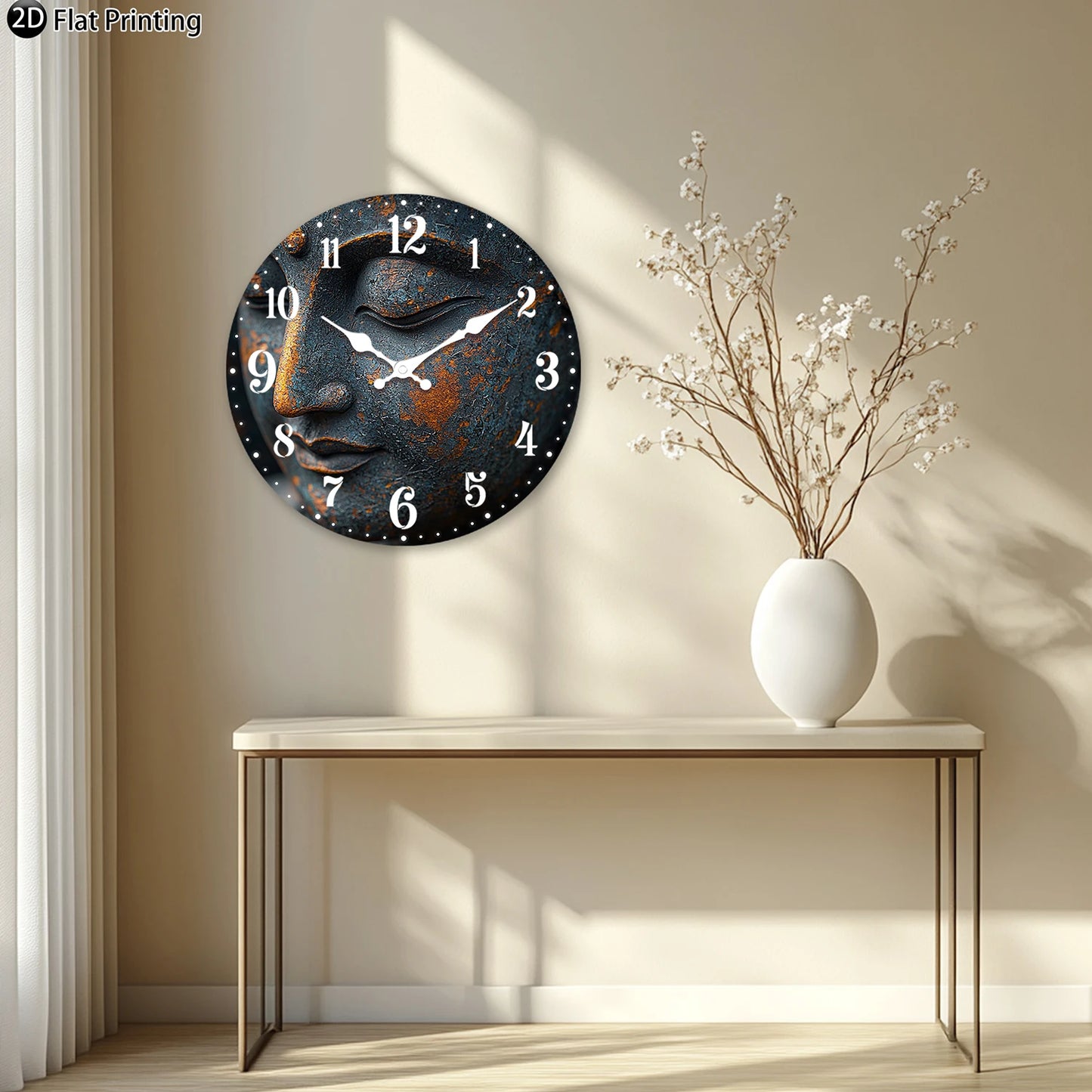 Buddha wall clock for bedroom with serene face design and elegant black background