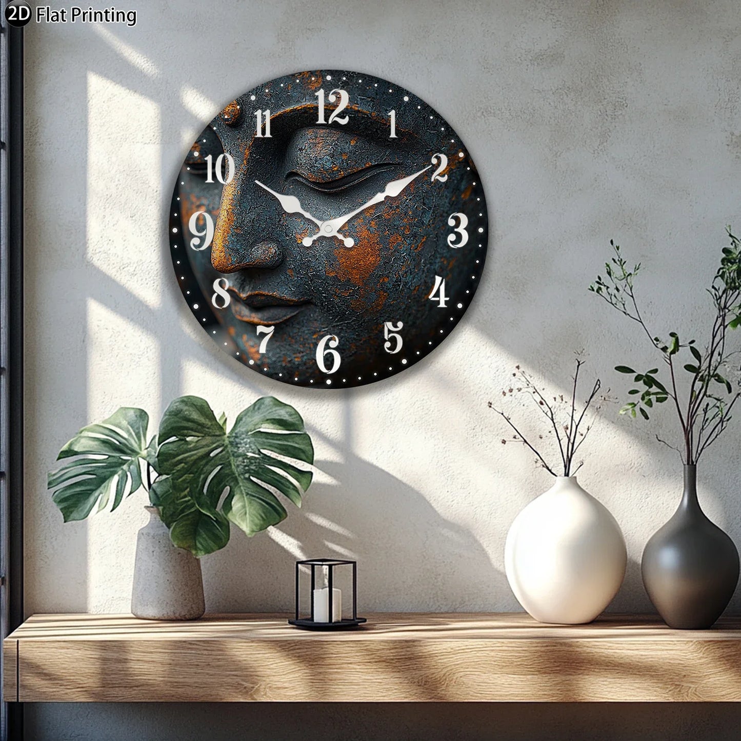 Nutshell Buddha wall clock for bedroom with rustic design and serene face features