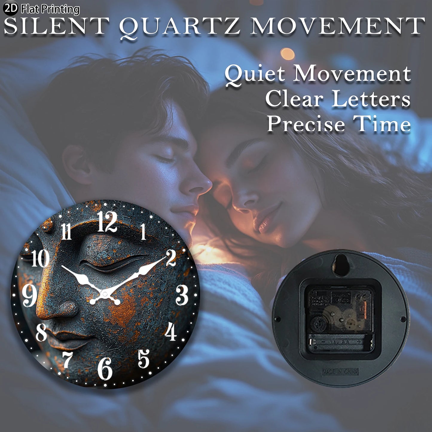 Nutshell Buddha wall clock for bedroom featuring silent quartz movement and clear letters