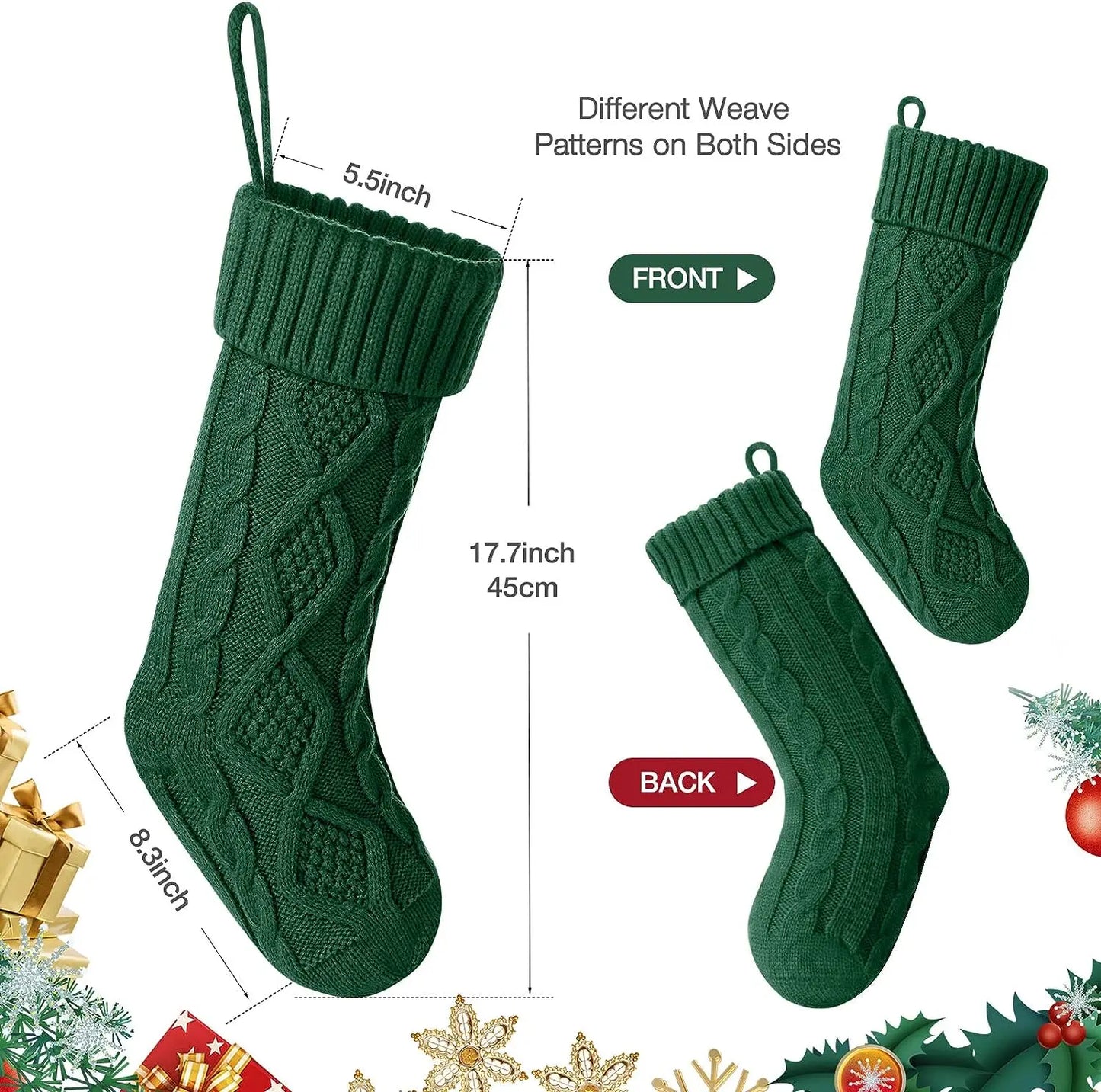 Dark green cable knit Christmas stockings with unique weave patterns on both sides, perfect for holiday decor