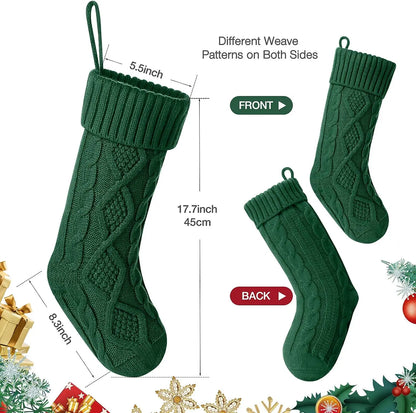 Dark green cable knit Christmas stockings with unique weave patterns on both sides, perfect for holiday decor