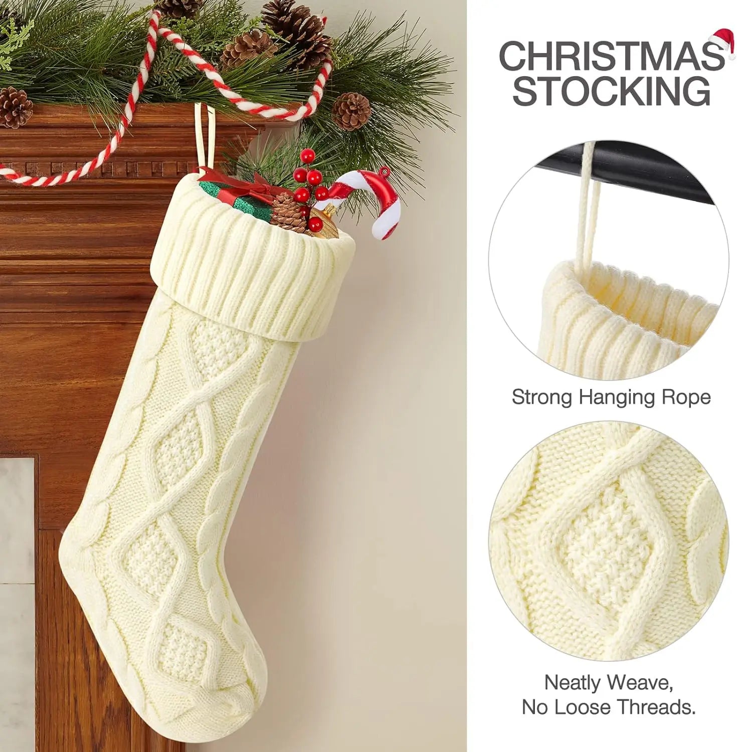 Elegant cable knit Christmas stockings in cream with a strong hanging rope for holiday decor