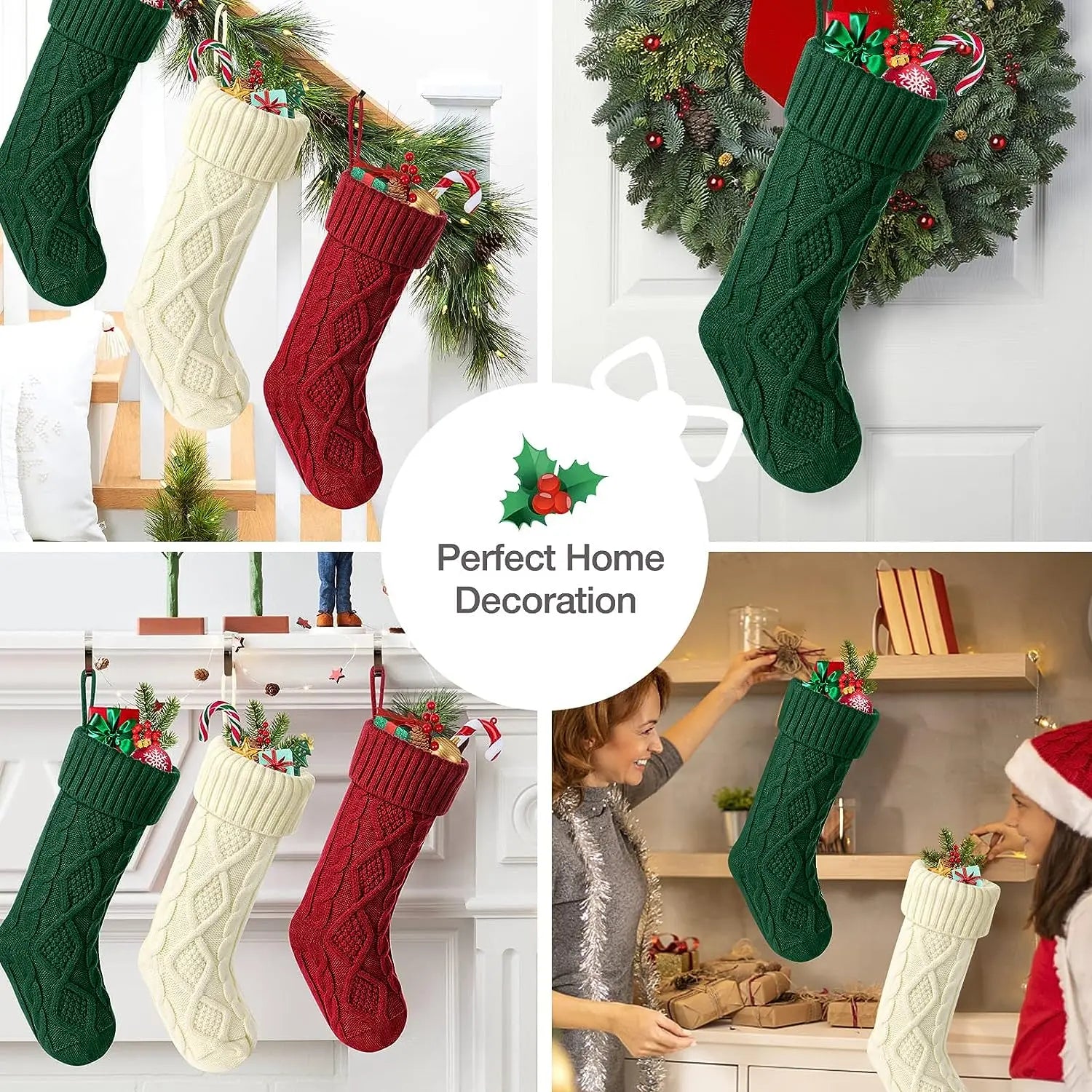 Nutshell cable knit Christmas stockings in red, green, and cream for festive holiday decor