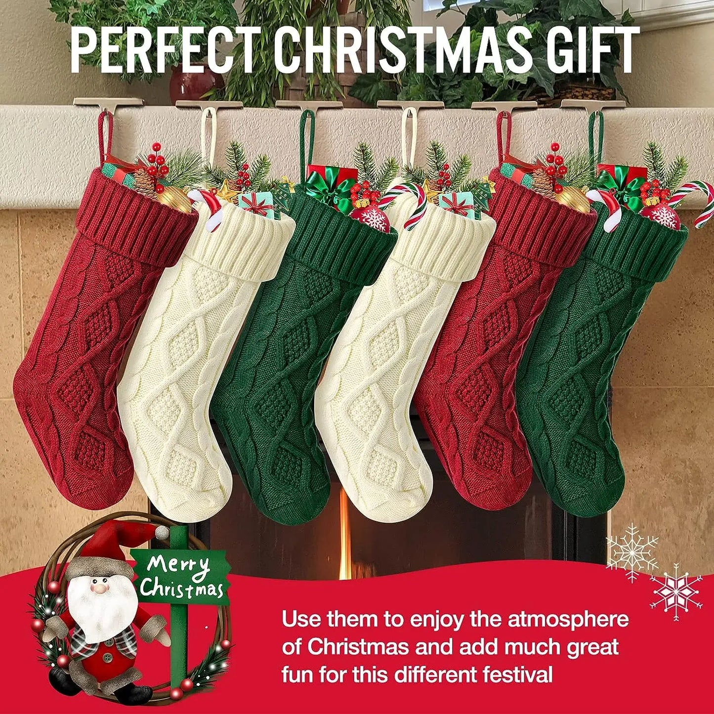 Cable knit Christmas stockings in red and green hanging by a fireplace, perfect for festive decoration
