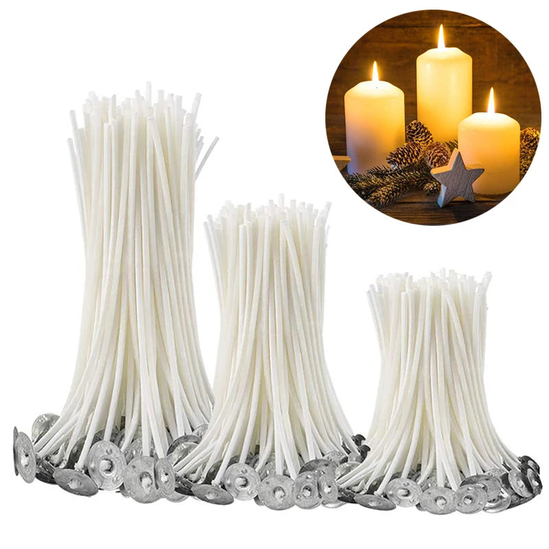 Nutshell pre-waxed candle wicks in various sizes with metal bases for candle making supplies