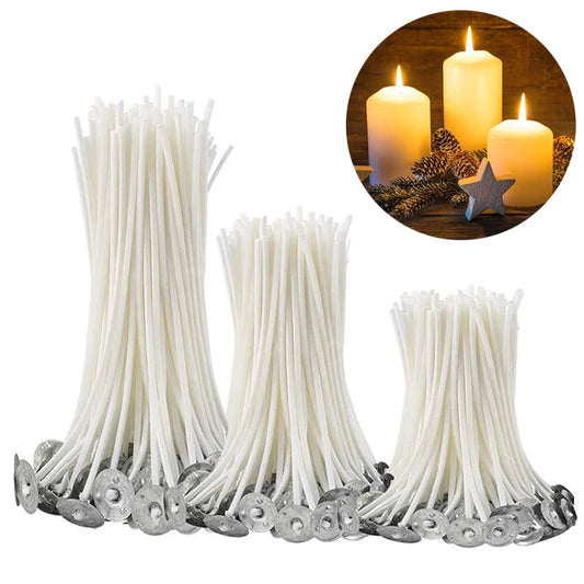 Nutshell pre-waxed candle wicks in various sizes with metal bases for candle making supplies