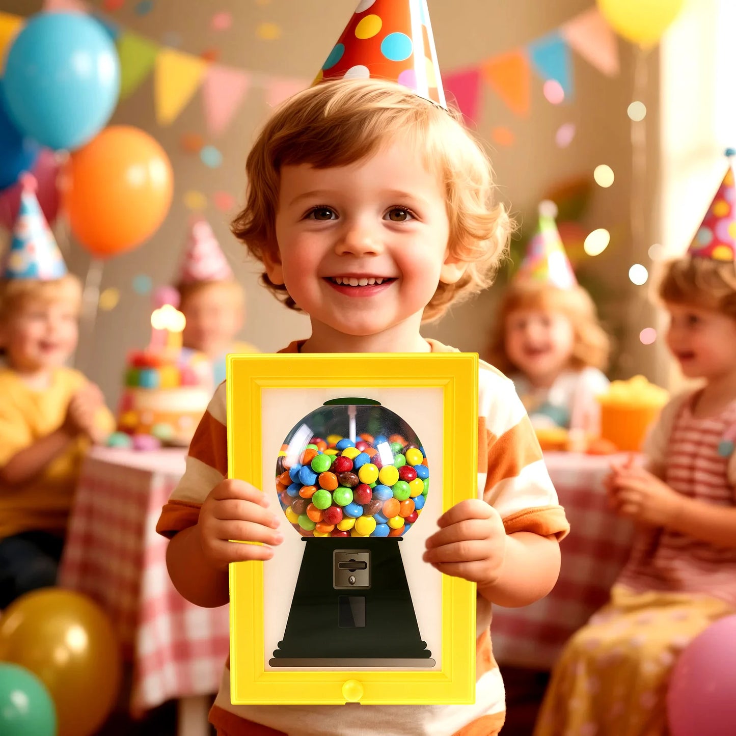 Boy holding a candy dispenser picture frame at a colorful birthday party surrounded by friends