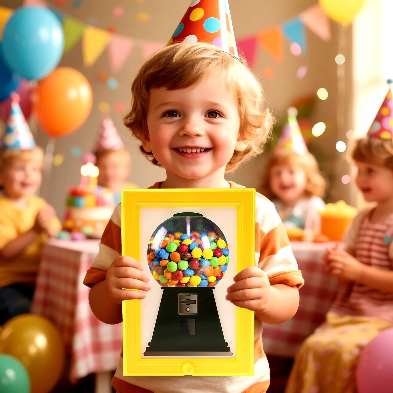 Boy holding a candy dispenser picture frame at a colorful birthday party surrounded by friends