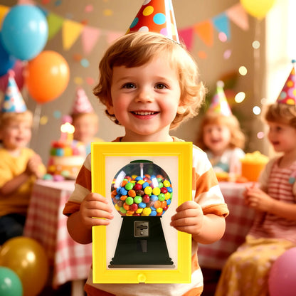 Boy holding a candy dispenser picture frame at a colorful birthday party surrounded by friends