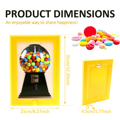 Nutshell candy dispenser picture frame in yellow showcasing colorful candies and product dimensions