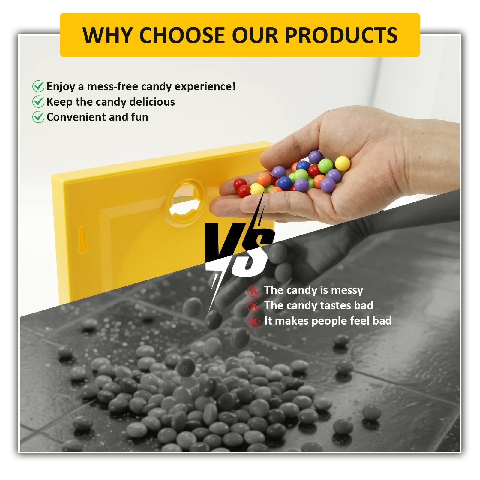 Nutshell candy dispenser picture frame showcasing a fun, mess-free candy experience comparison