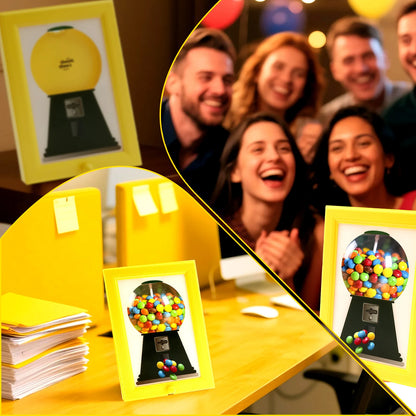 Nutshell candy dispenser picture frame in bright yellow with colorful gumballs for a fun decor