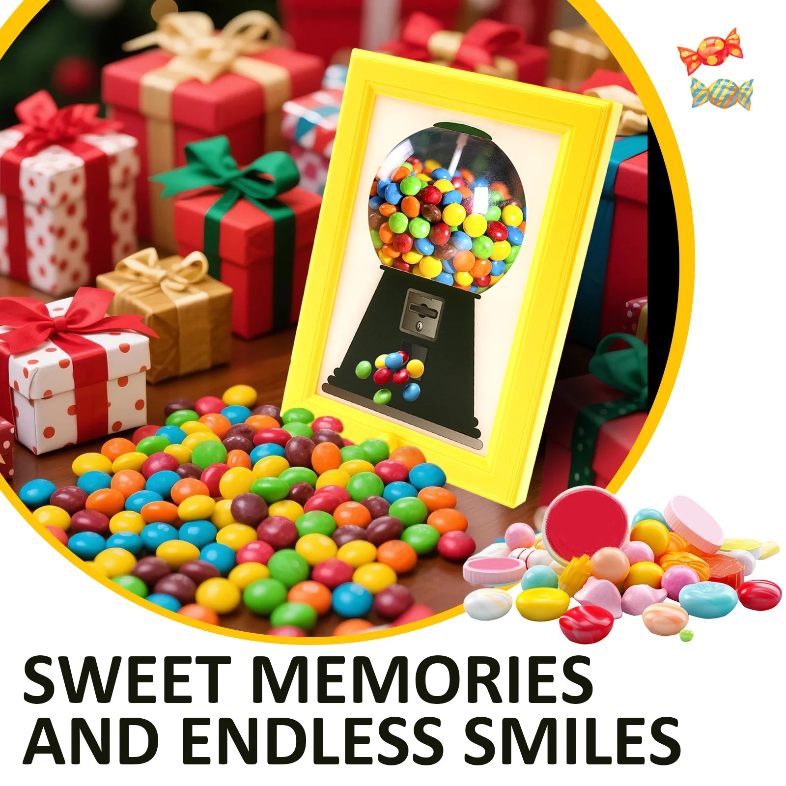 Nutshell candy dispenser picture frame with vibrant gumballs and festive gift boxes