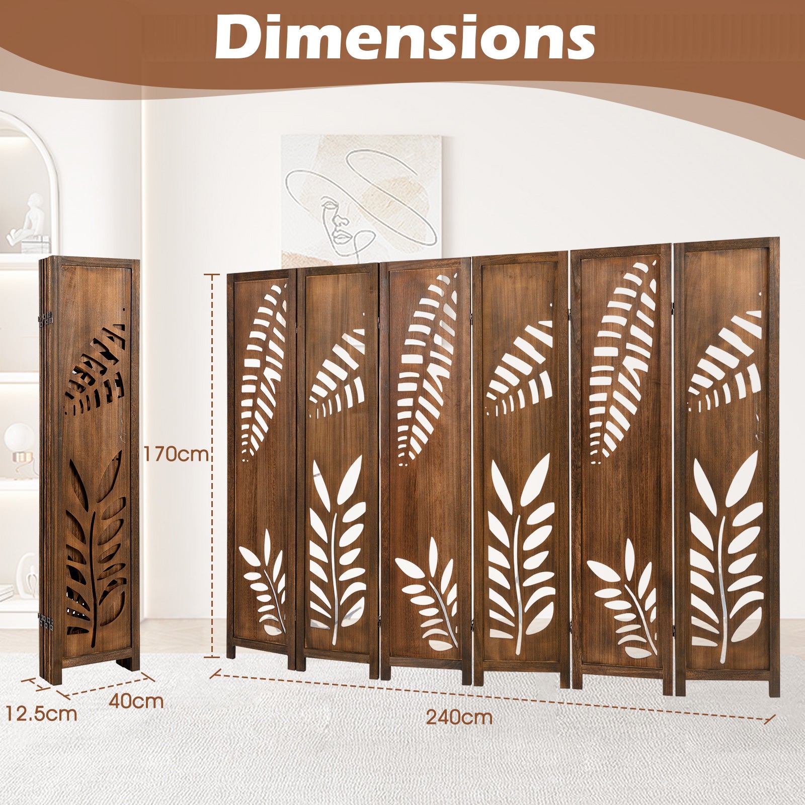 Nutshell carved leaf 6-Panel Partition in brown wood with dimensions shown for room divider use