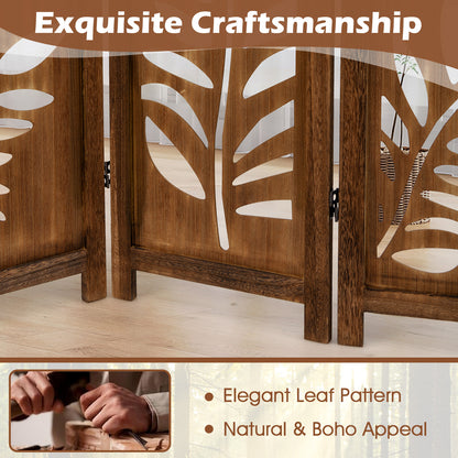 Nutshell carved leaf 6-Panel Partition featuring elegant leaf pattern with natural boho appeal