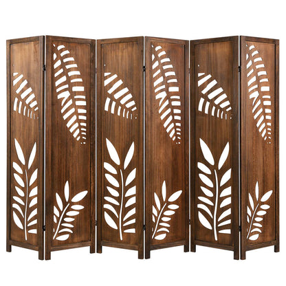 Nutshell carved leaf 6-Panel Partition made of dark wood with leaf cutout designs for room divider
