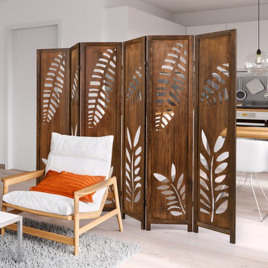 Carved leaf 6-Panel Partition in dark wood placed in a modern living room behind a wooden armchair with white cushions