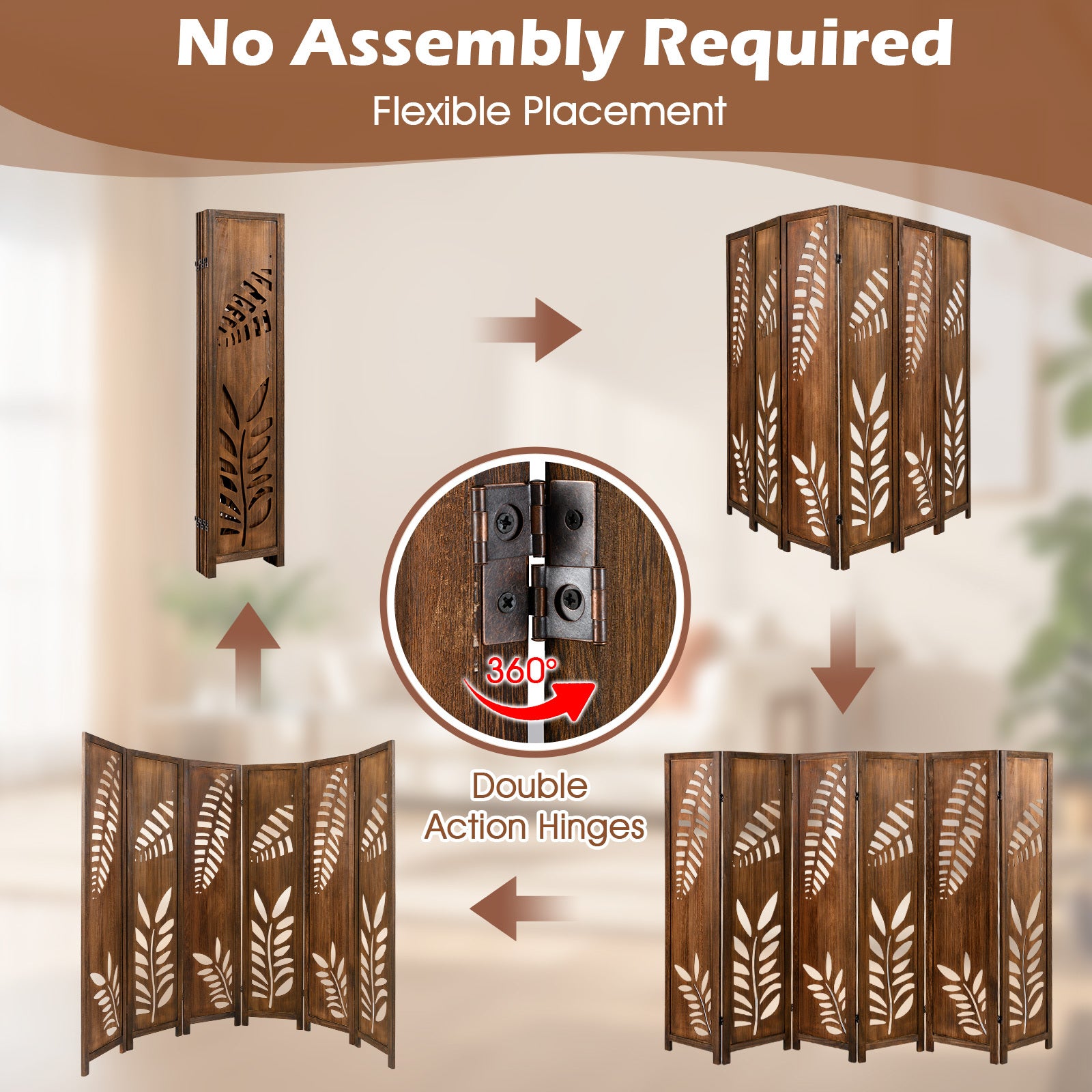 Nutshell carved leaf 6-Panel Partition showing flexible placement and double action hinges in dark wood finish