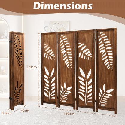 Nutshell carved leaf pattern room partition made of wood with four panels and detailed leaf cutouts