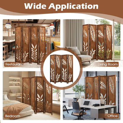 Nutshell carved leaf pattern room partition in wooden finish used in restaurant, living room, bedroom, and office spaces