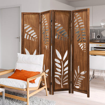 Nutshell carved leaf pattern room partition wooden folding screen in modern living space