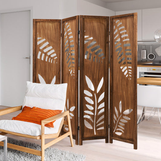 Nutshell carved leaf pattern room partition wooden folding screen in modern living space