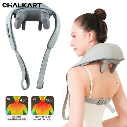 Nutshell 3D kneading neck massager with heat in gray worn over shoulders with adjustable straps and controls