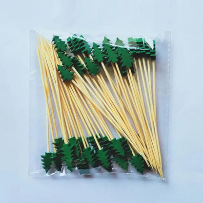 Christmas bamboo fruit sticks with festive green tree tops for holiday party decorations