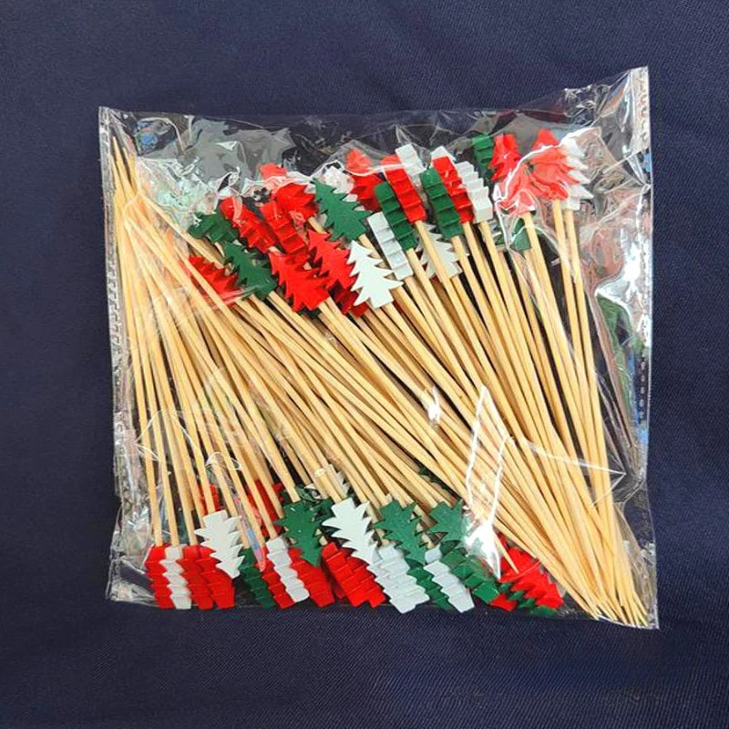 Pack of Christmas bamboo fruit sticks in red, green, and white for festive fruit displays