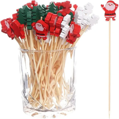 Christmas bamboo fruit sticks with colorful Santa and tree designs for festive celebrations