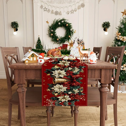 Christmas bells table runner in red with festive floral design on a holiday dining table
