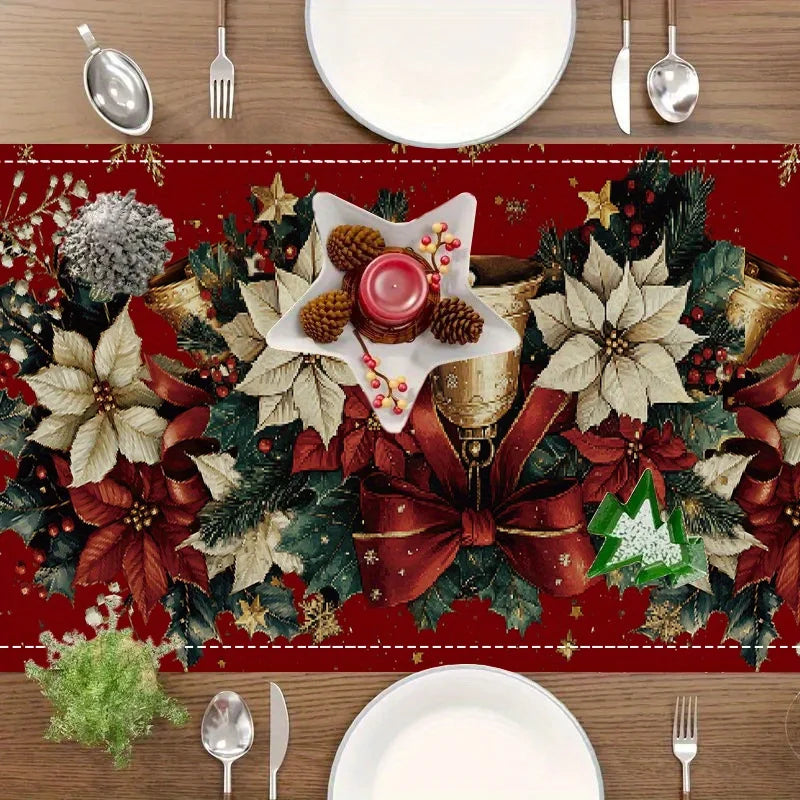 Christmas bells table runner featuring festive greenery, poinsettias, and decorative ornaments