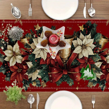 Christmas bells table runner featuring festive greenery, poinsettias, and decorative ornaments
