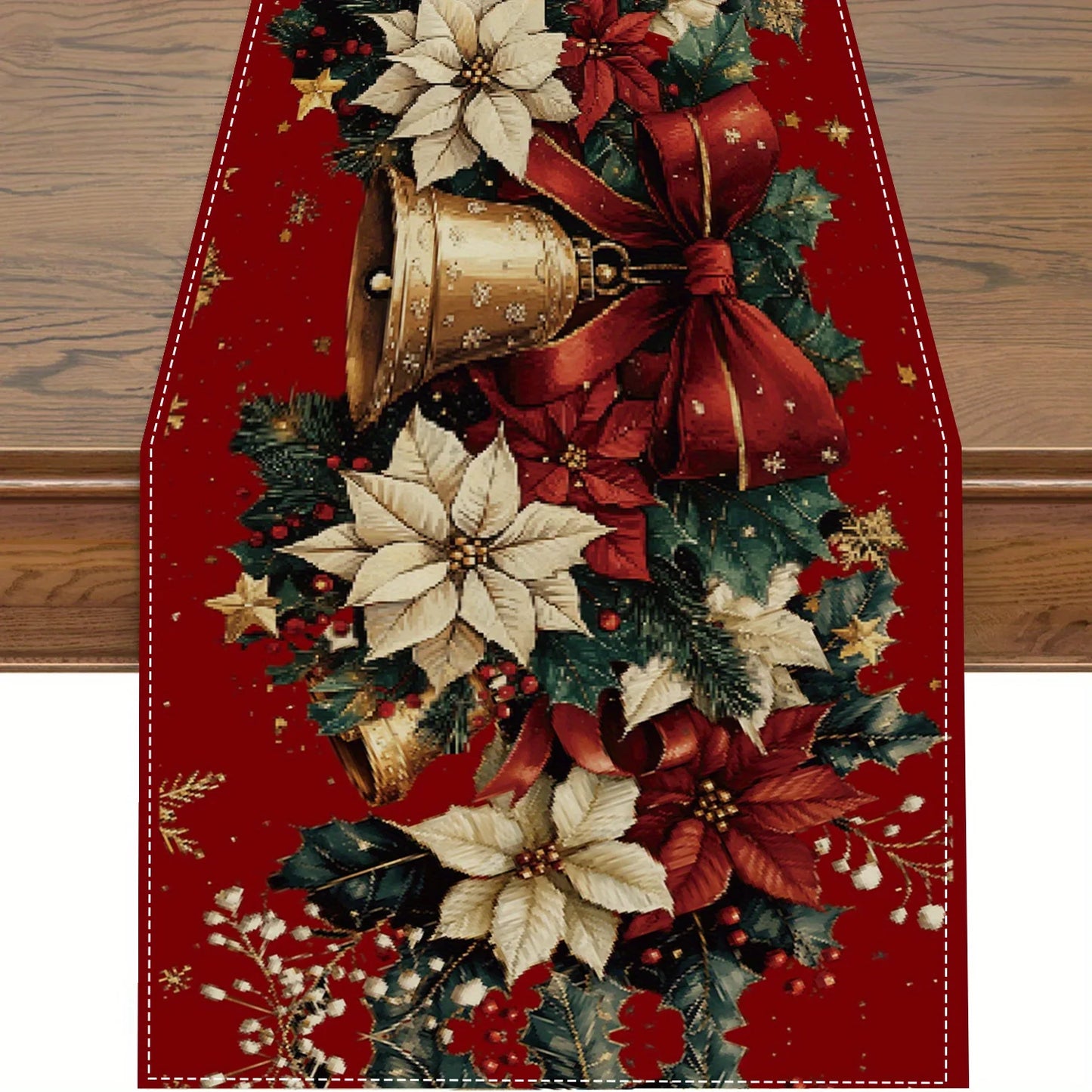 Festive Christmas bells table runner featuring poinsettias and holiday decorations on a red background