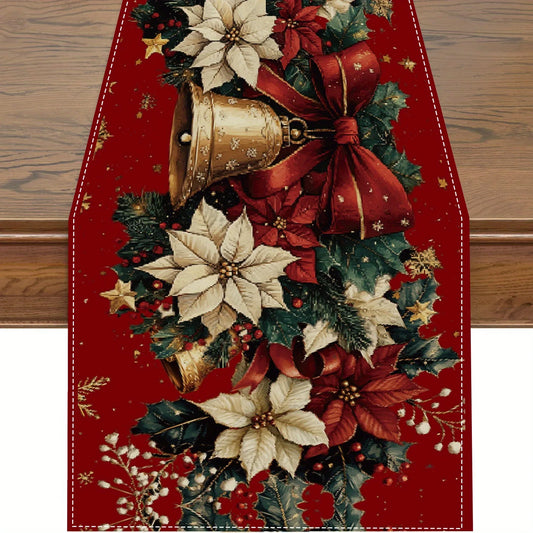Festive Christmas bells table runner featuring poinsettias and holiday decorations on a red background