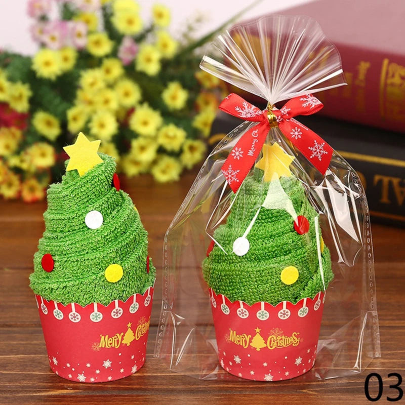 Christmas cake shaped hand towels presented in festive cupcake wrappers for holiday decor