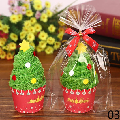 Christmas cake shaped hand towels presented in festive cupcake wrappers for holiday decor