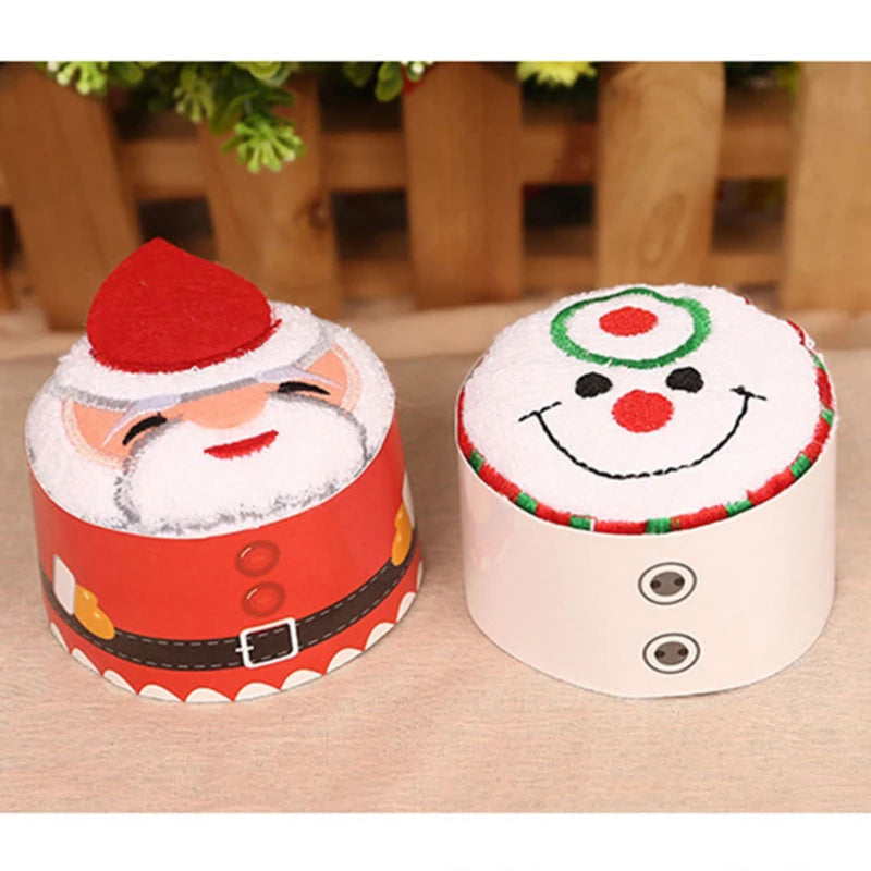 Christmas cake shaped hand towels featuring a smiling snowman and Santa Claus design for festive decor