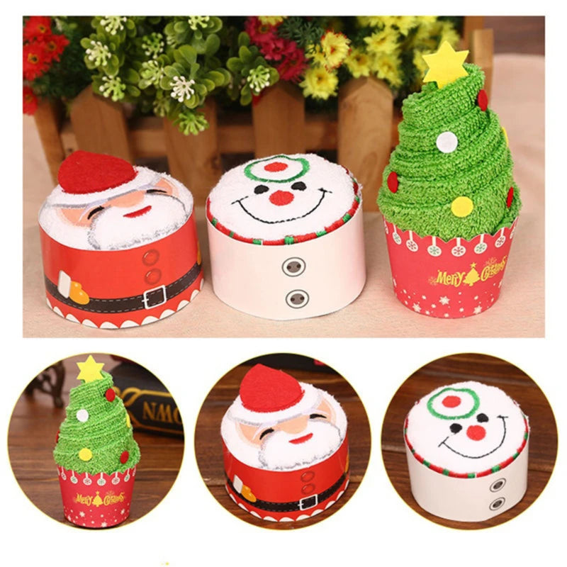 Set of Christmas cake shaped hand towels with Santa and Christmas tree designs for festive decor