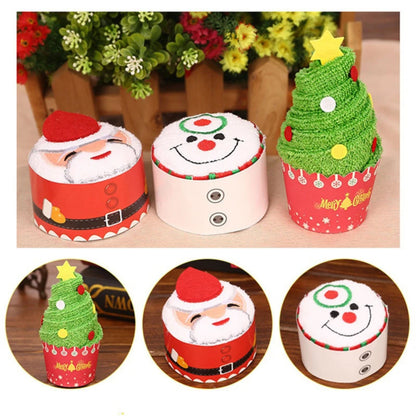 Set of Christmas cake shaped hand towels with Santa and Christmas tree designs for festive decor