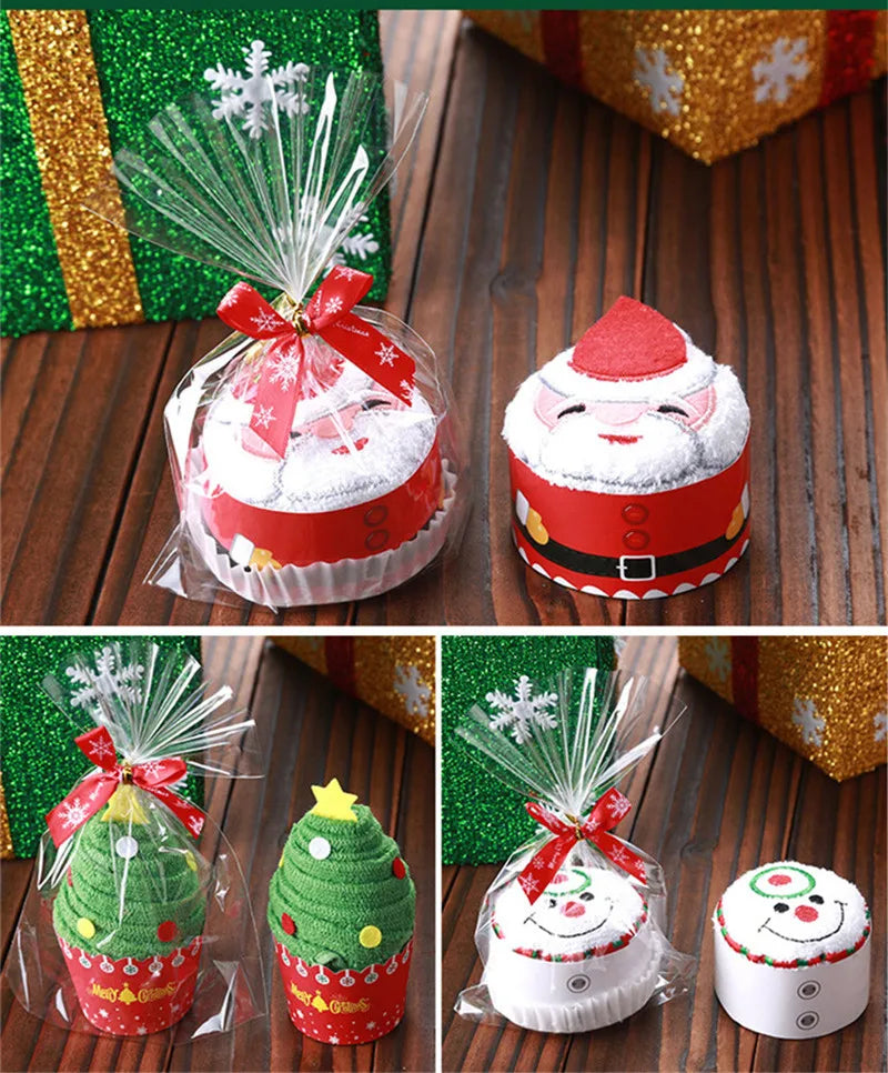 Colorful Christmas cake shaped hand towels featuring Santa, Christmas tree, and snowman designs