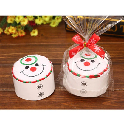 Christmas cake shaped hand towels designed like cheerful snowmen with decorative elements