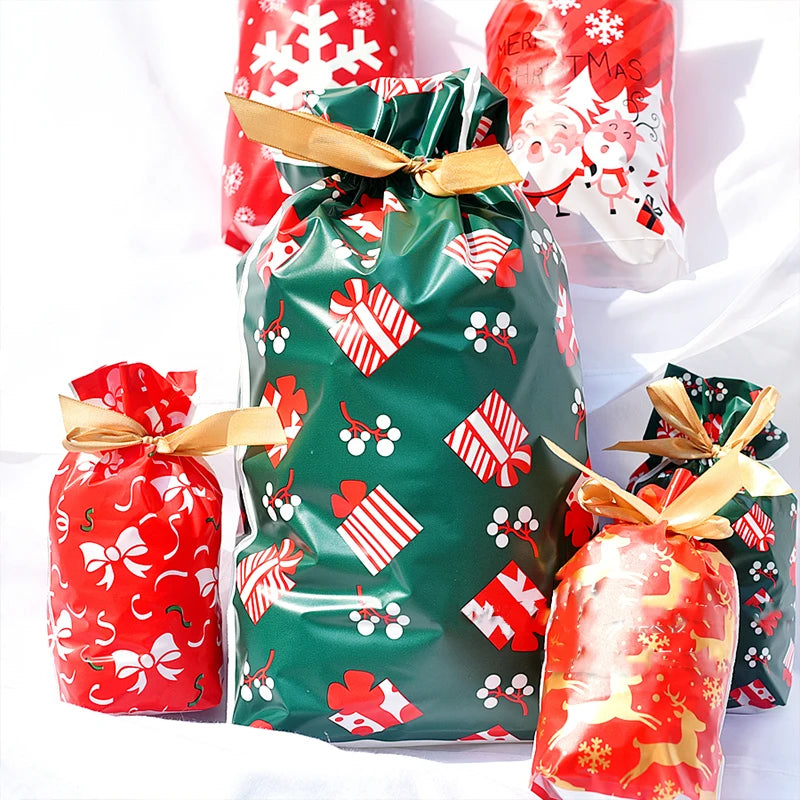 Variety of Christmas candy gift bags in festive designs and colors for holiday celebrations