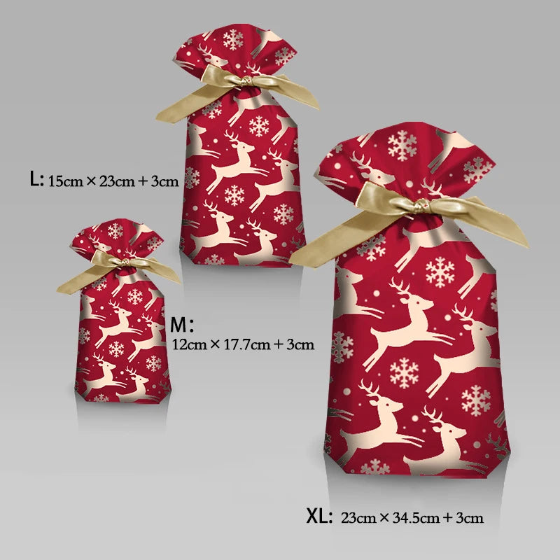 Set of Christmas candy gift bags in red with reindeer design, available in three sizes for festive gifting