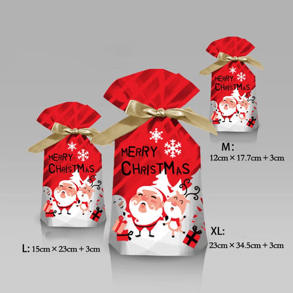 Nutshell Christmas candy gift bags in three sizes with festive Santa design and gold ribbon accents
