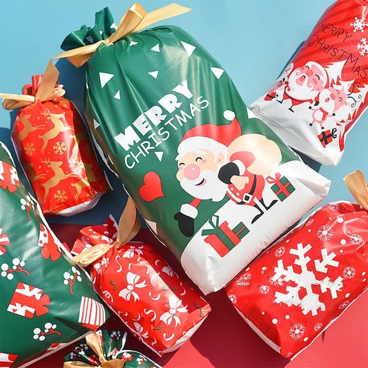 Colorful Christmas candy gift bags featuring festive designs and cheerful characters for holiday celebrations