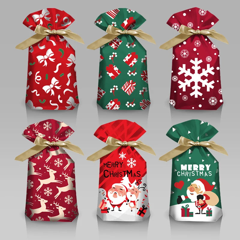 Set of festive Christmas candy gift bags in assorted designs and colors for holiday gifting